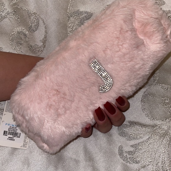 “ J Rhinestone Monogram Initial Plush clutch accessory travel bag bling Primark - Picture 1 of 5